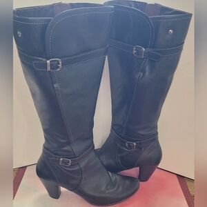Women's Pikolinos Black Knee-High Leather Boots with Buckle Detail